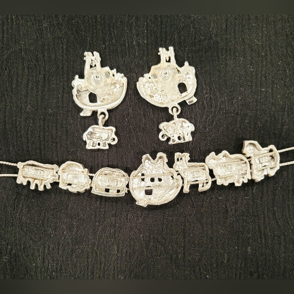 Vintage‎ Noah's Ark Bracelet Earrings Set SA Stamped Silvertone 90's Y2K
